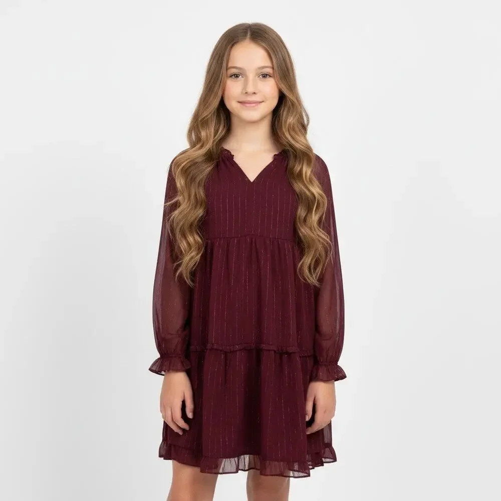Old Navy Burgundy Long Sleeve Tiered Swing Dress Girls XL Boho Tiered Shimmer